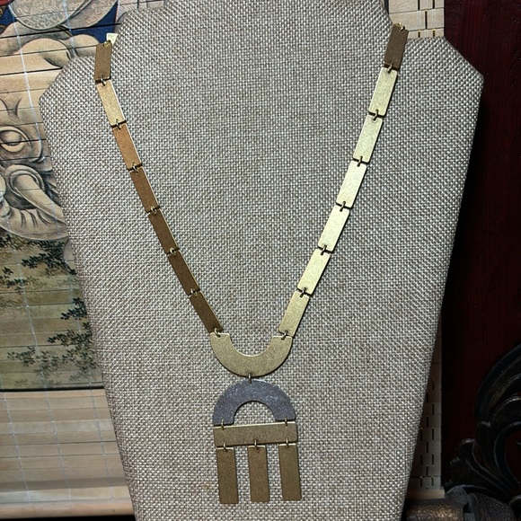 Gold Tone Metal Geometric Link Necklace 21.5”L Earthy Tribal Boho EVC Signed M - Picture 9 of 9